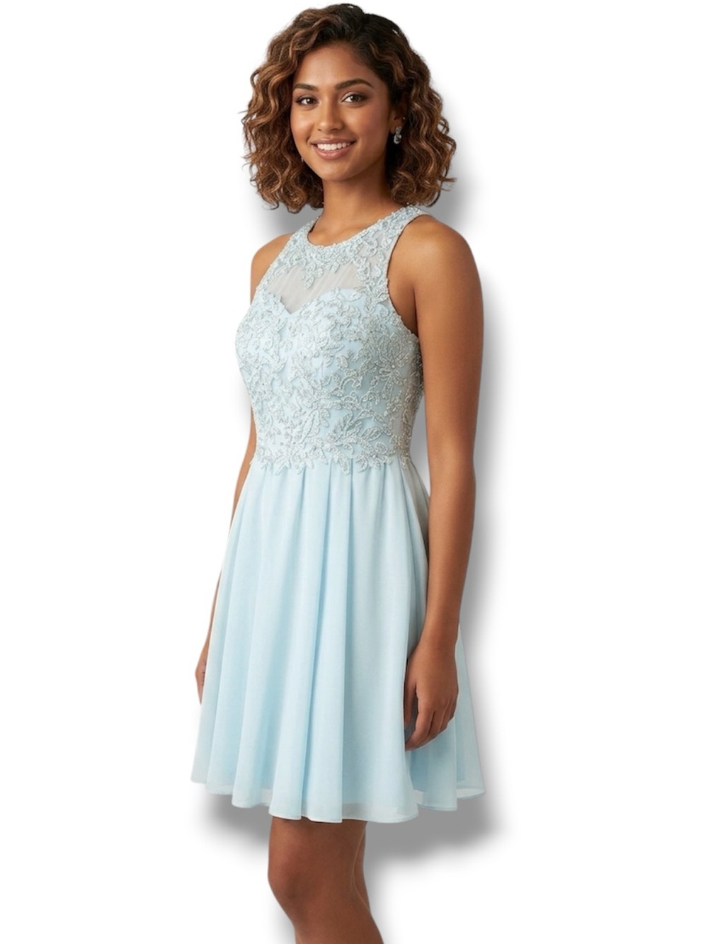 Dancing Queen Dress Pastel Blue Beaded Illusion Corset A-Line HOCO Prom Mini - S